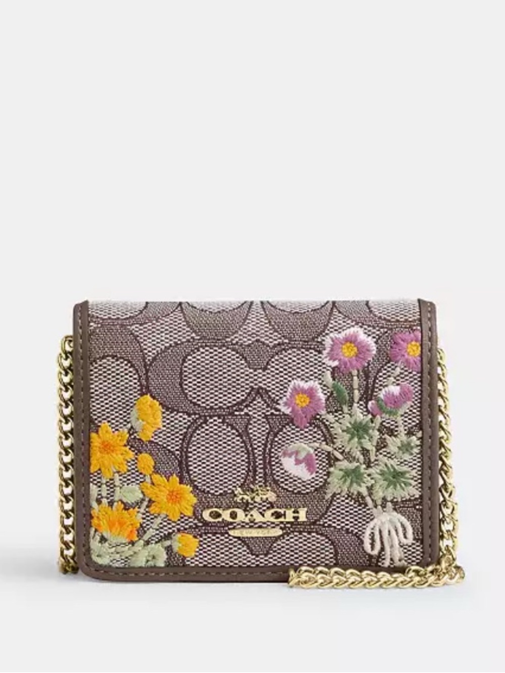 NWTš·Coach Mini Wallet On Chain Signature Jacquard With Floral Embroidery CEF60 - Picture 5 of 6